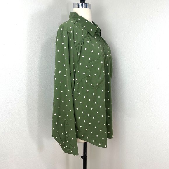 Torrid 2 Moss Green Blouse White Polka Dot Long Sleeve Pockets Button Front Flaw - Picture 9 of 13